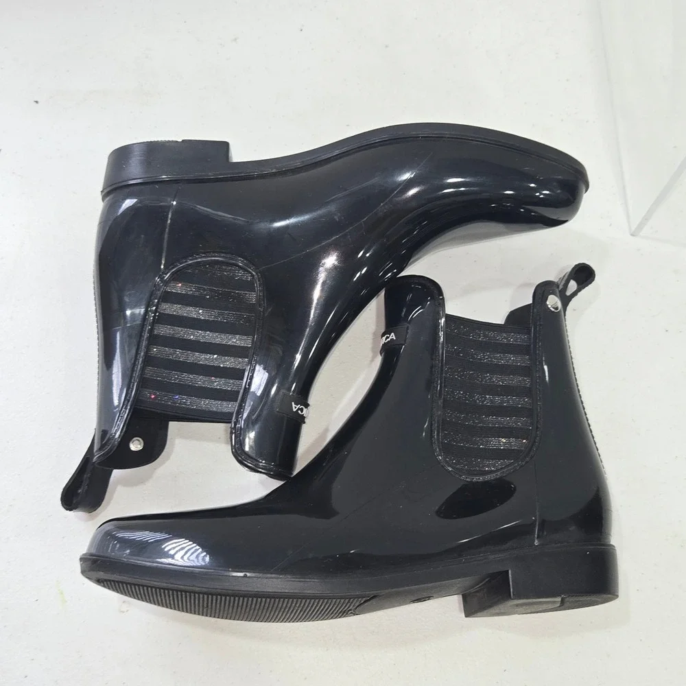 Nautica Cliff Comfort Lurex Black Glossy Rain Boots Womens Size 9 Chelsea Ankle